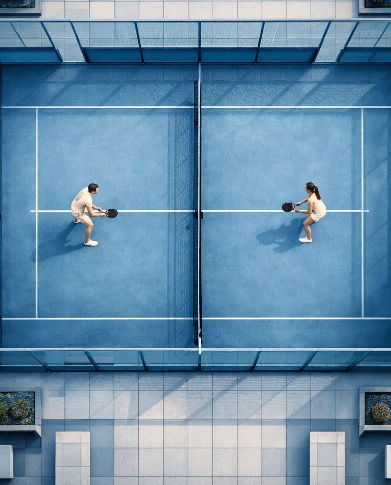 Overhead view of two players on a blue padel court