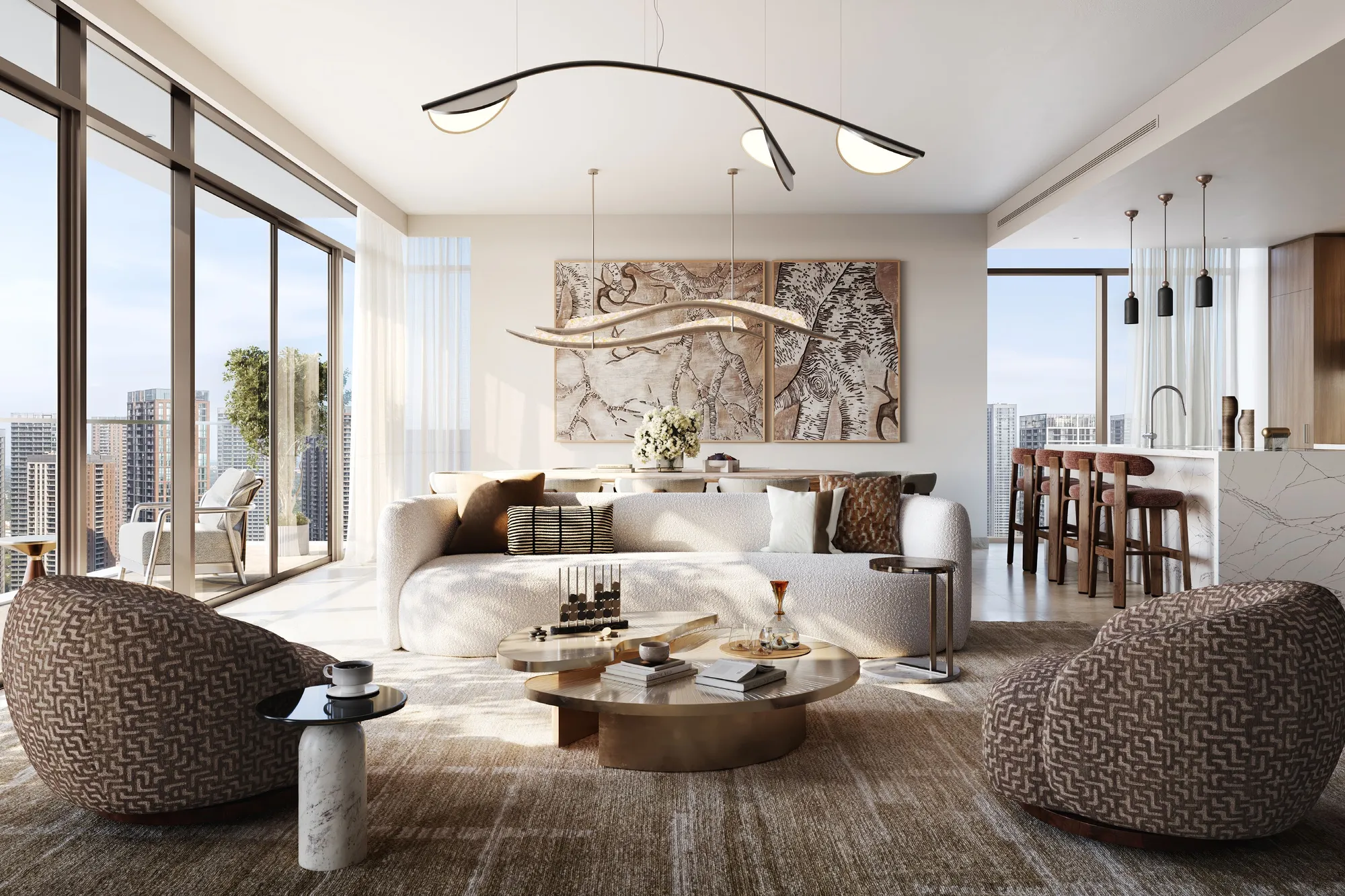 Bright living room with curved sofa, marble kitchen island and floor-to-ceiling windows