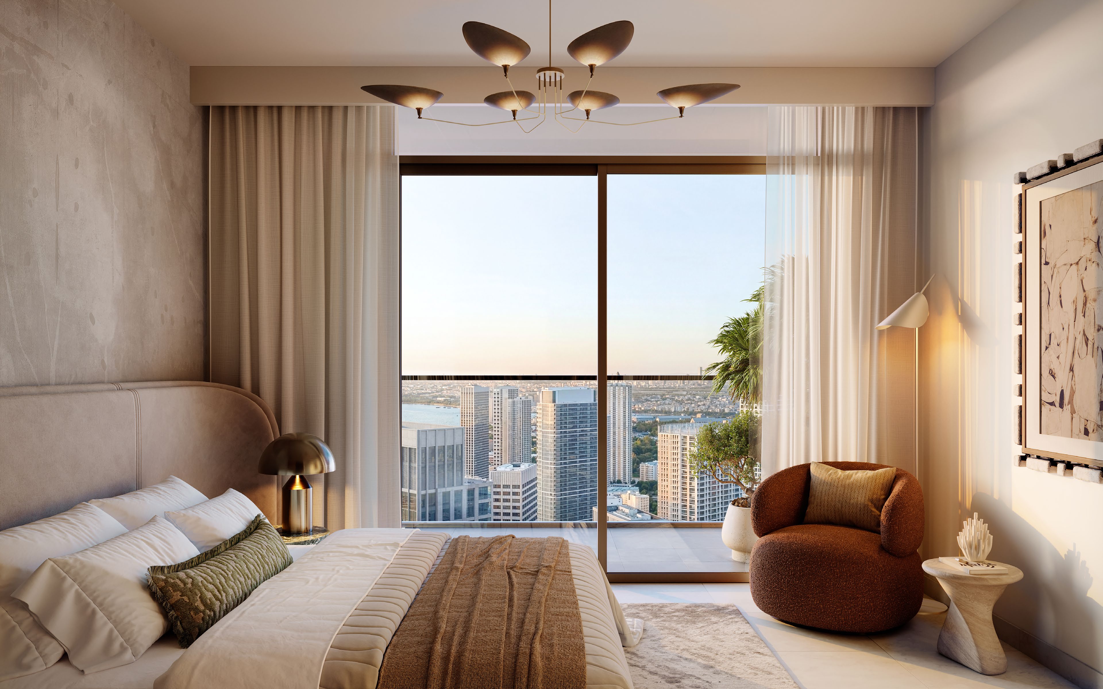 Calm bedroom with upholstered bed opening onto a balcony over city towers